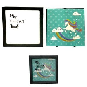 Unicorn Piggy Bank Clear View Front Rainbow Polka Dots Square 6 in x 6 in